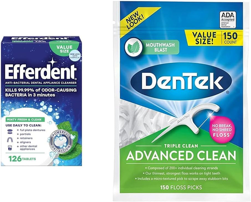 Retainer Cleaning Tablets, Denture Cleaning Tablets for Dental Appliances & Dentek Triple Clean Advanced Clean Floss Picks, No Break & No Shred Floss, 150 Count