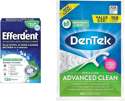 Retainer Cleaning Tablets, Denture Cleaning Tablets for Dental Appliances & Dentek Triple Clean Advanced Clean Floss Picks, No Break & No Shred Floss, 150 Count